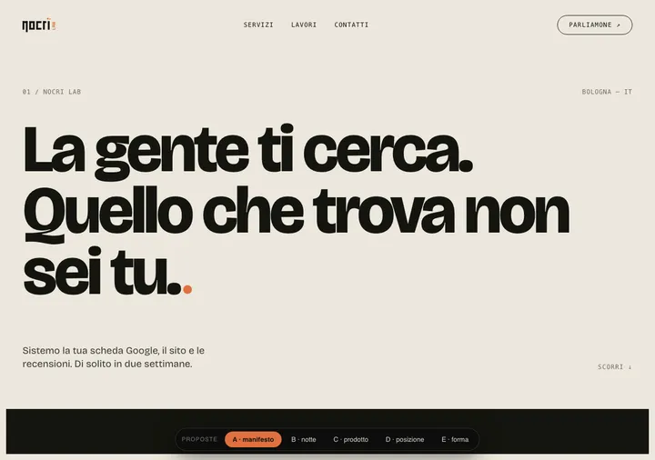 Bozza del sito Nocri Lab a fondo chiaro con un titolo tipografico gigante