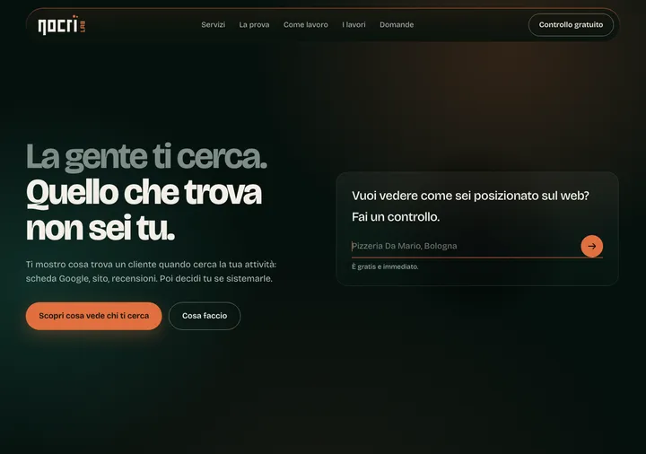 La prima versione pubblicata del sito nocri.it, a fondo scuro con un modulo di controllo